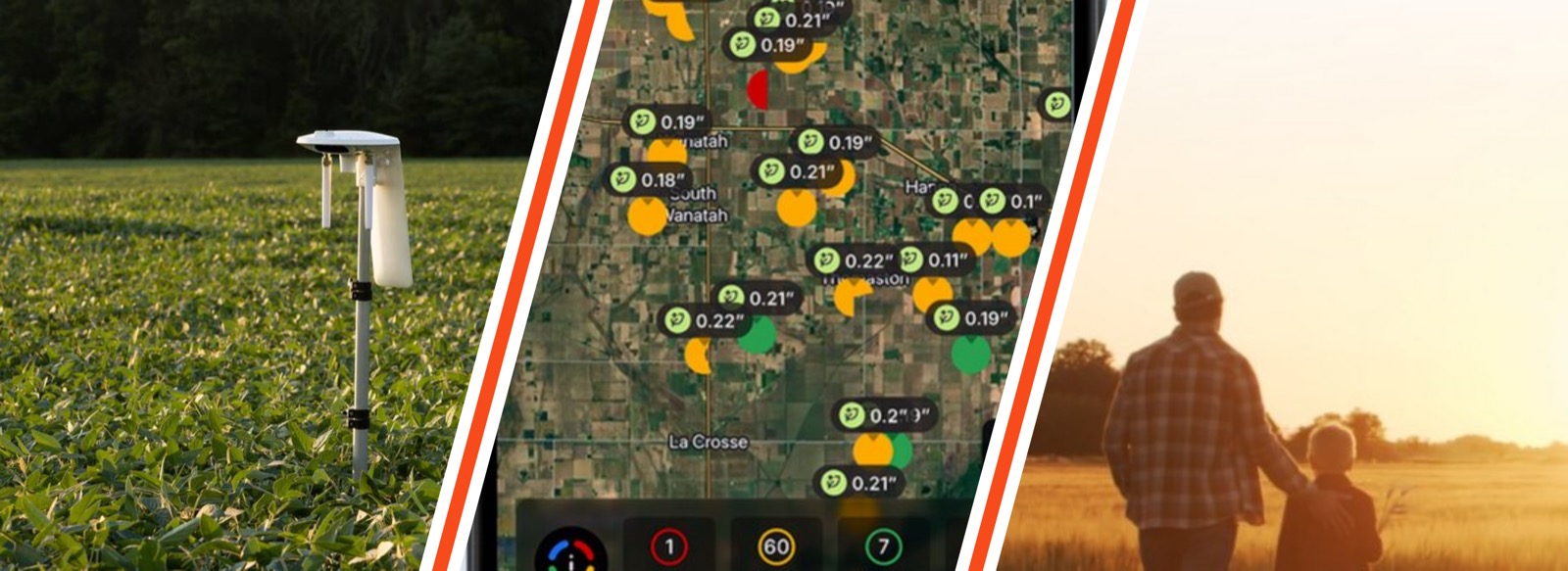 Arable Mark sensor in a soybean field, a field status map in the Arable app, and a grower walking a field with family at sunset