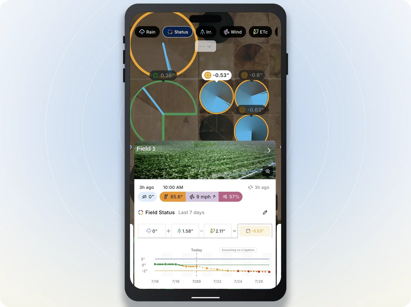 Arable Water app with field map, daily image and Field Status chart